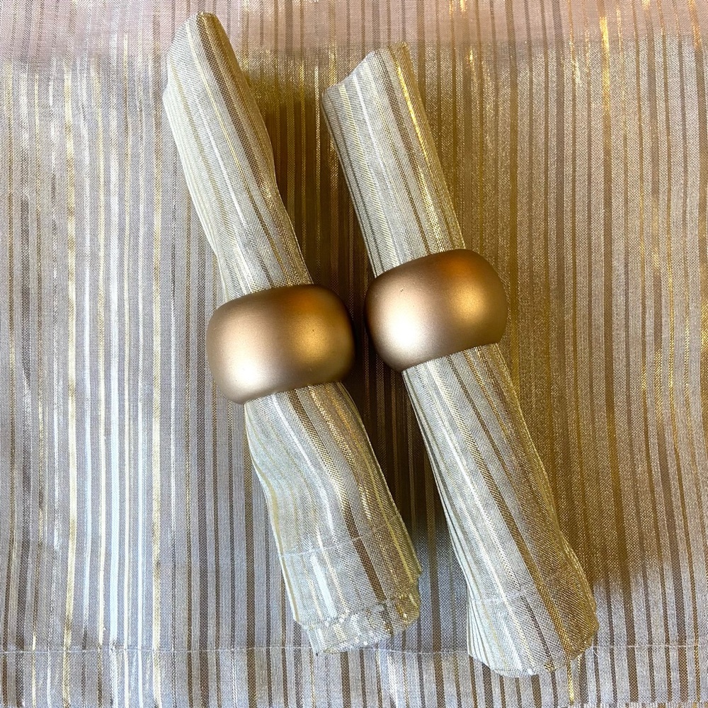 2 Each, Sheer Metallic Stripe Placemats, Napkins & Gold Napkin Rings